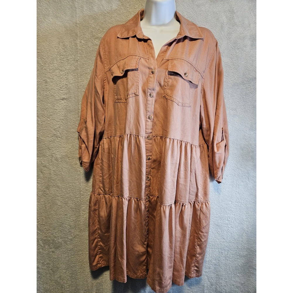 Nurture By‎ Westbound Chambray Dress Front Button XL Pink Tiered Boho Cottage